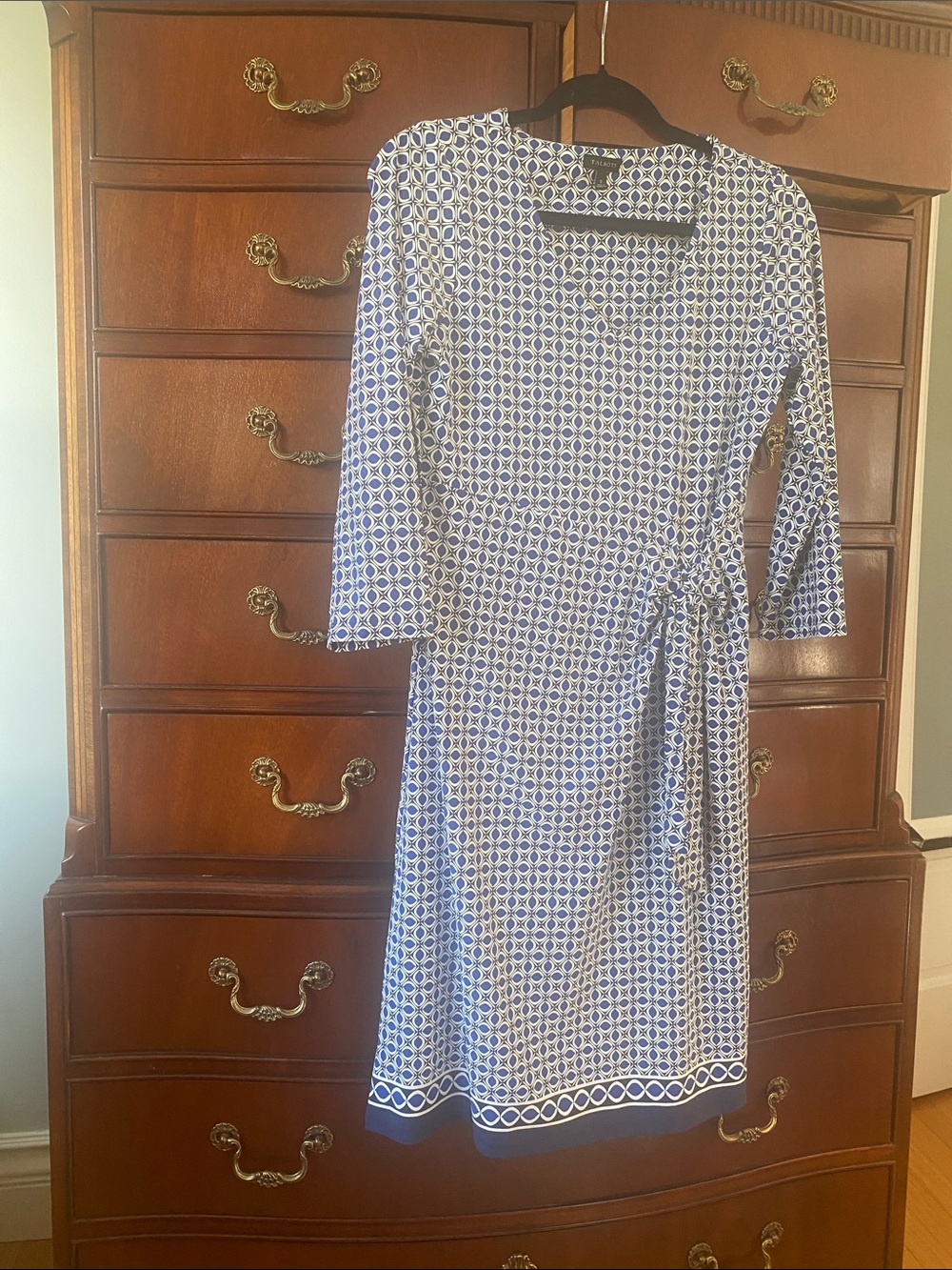 Talbots Blue and White Geometric Wrap Dress